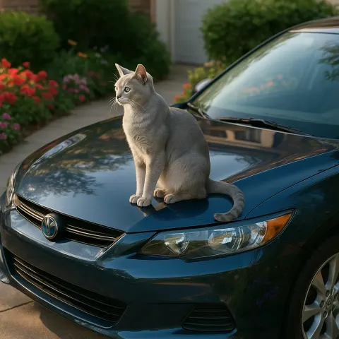 Sleek Silver Cat Sits Elegantly Atop the Hood