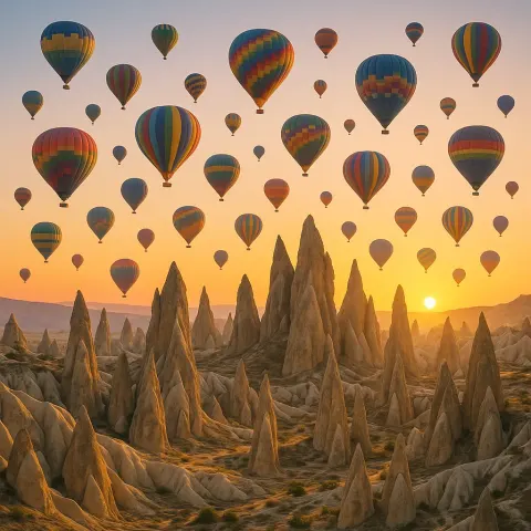 Dozens of Colorful Hot Air Balloons Drift Serenely