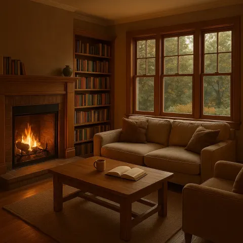 Cozy Living Room with a Lit Fireplace