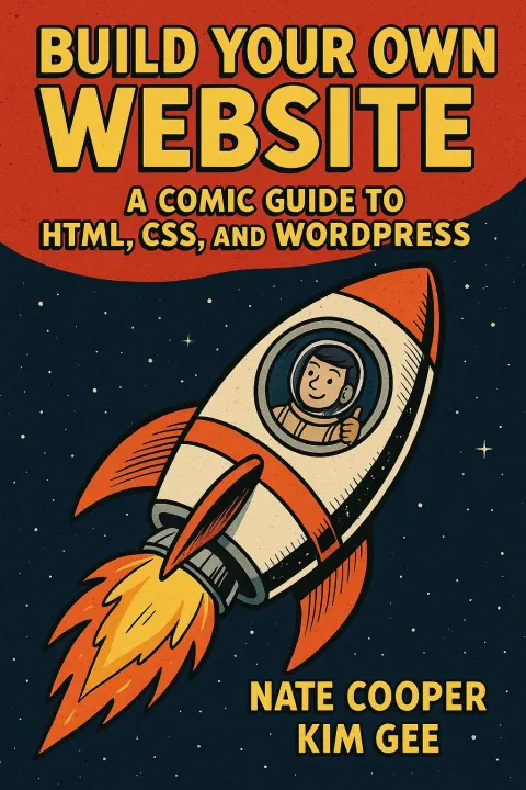 Comic Book-style Cover Featuring a Rocket in Space
