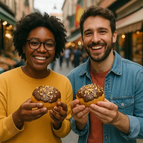 Two People Holding Baked Goods with Chocolate and Nuts