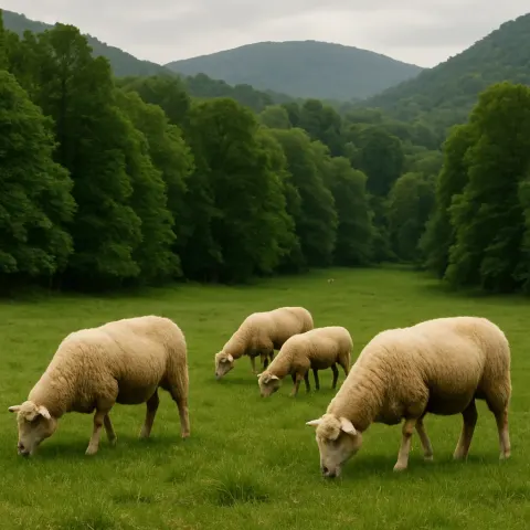 Small Group of Sheep Grazing on a Grassy Field