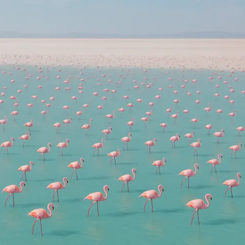 Multitude of Distant Pink Flamingos Stands in Shallow