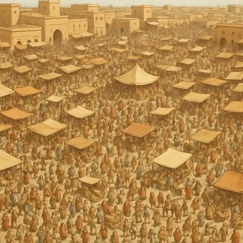 Innumerable Tiny Figures Throng a Sprawling Ancient Marketplace