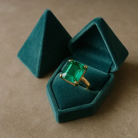Pyramid-shaped Velvet Box Containing a Gold Ring Adorned