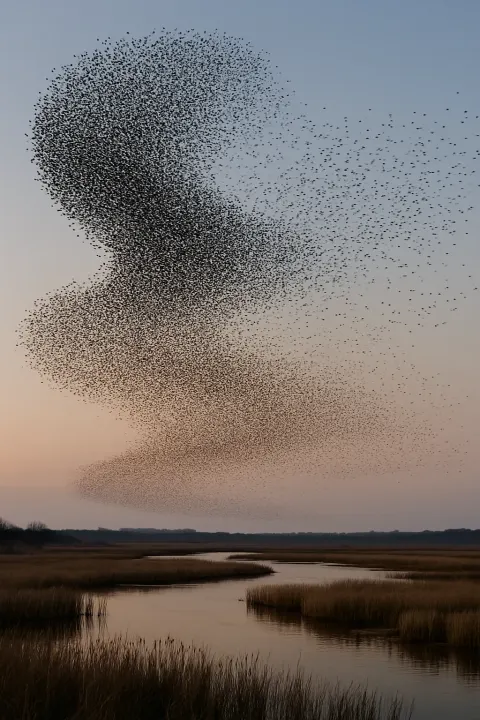 Vast Murmuration of Countless Starlings Creates