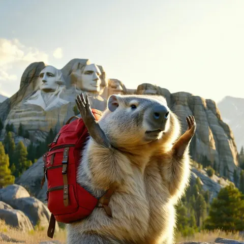 Wombat With Red Backpack at Mount Rushmore