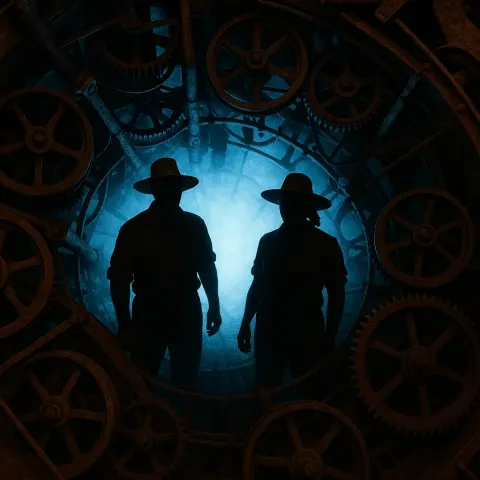 Two Diverse Threshers Radiate Within Intricate Rusted Machinery
