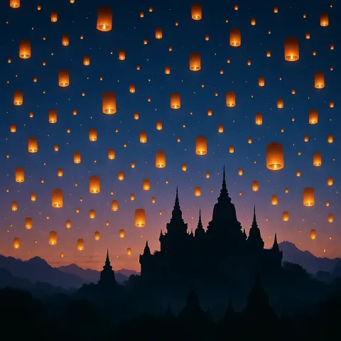 Hundreds of Flickering Lanterns Ascend into a Twilight Sky