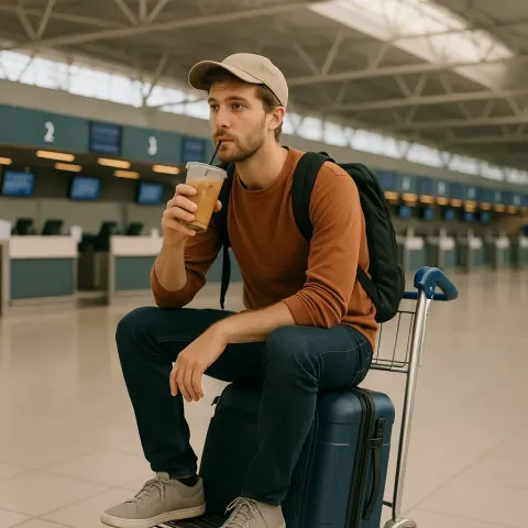 Traveler Sits on a Luggage Cart Holding a Drink