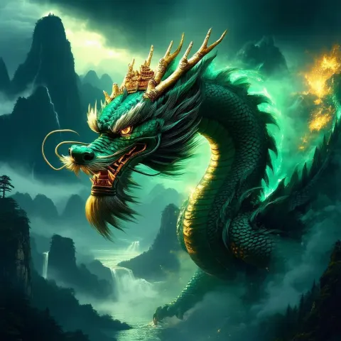 Dark Green Dragon Crowned With Golden Temple