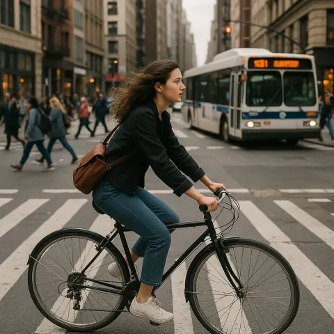Woman Rides a Bicycle Through a Busy Urban Street Intersection