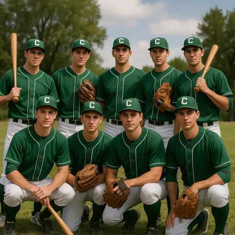 Baseball Team Dressed in Green and White Uniforms Poses Outdoors