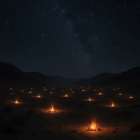 Numerous Distant Campfires Flicker Like Scattered Stars Across a Vast