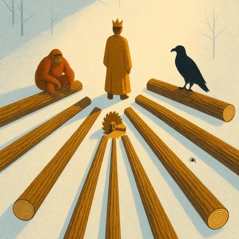 Ruler Figure Surveys a Lumbermill's Radiating Lines