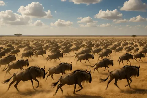 Vast Herd of Wildebeest Kicks Up Dust as They Thunder
