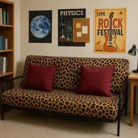 Futon Covered in Leopard Print Features Burgundy Cushions