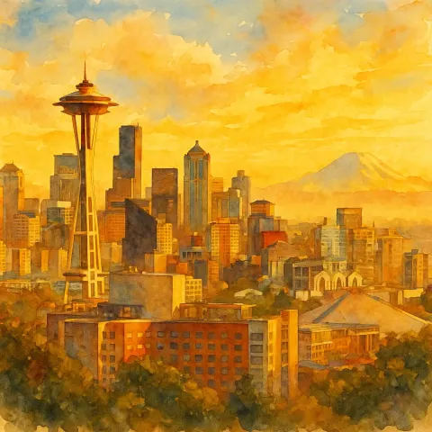 Elaborate Watercolor Painting of Downtown Seattle