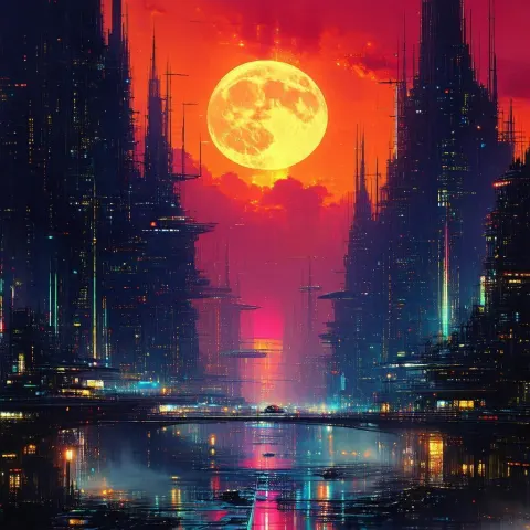 Wholesome Futuristic City Under a Full Moon