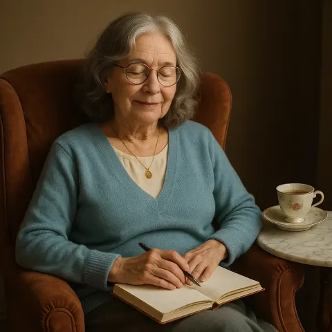 Elderly Woman Sits Comfortably in a Velvet Armchair