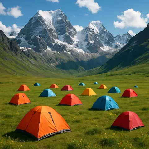 Scattering of Brightly Colored Tents Dots a Vast Alpine Meadow