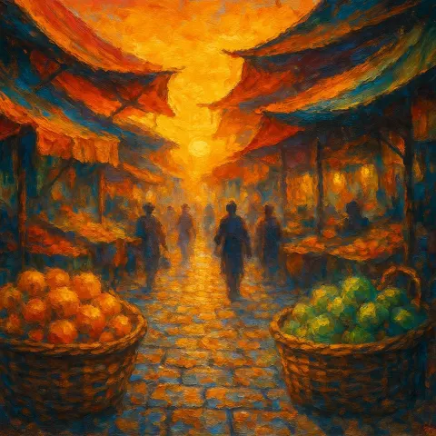 Energetic Oil Painting Portrays a Lively Market Street Bathed