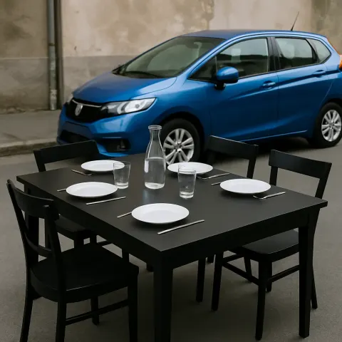Blue Automobile Alongside a Black Table