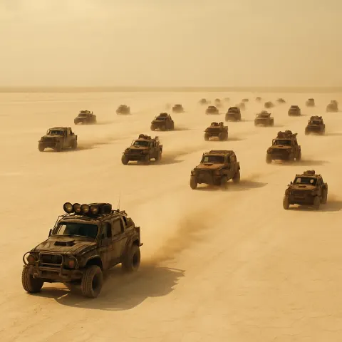 Scattered Convoy of Many Rugged Vehicles Kicks Up Dust Trails