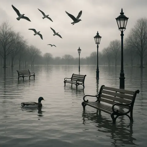 Flooded Park with Submerged Benches