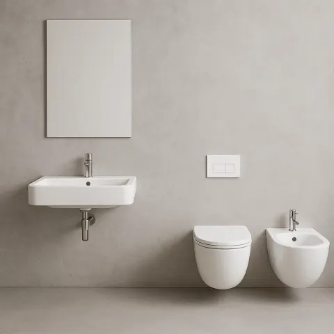 Minimalist Bathroom with a Concrete Wall Featuring a White Sink