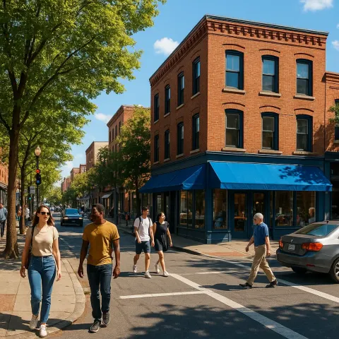 Sunny Urban Street Scene with Pedestrians