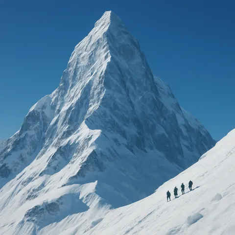Small Band of Distant Mountaineers Slowly Ascends a Colossal
