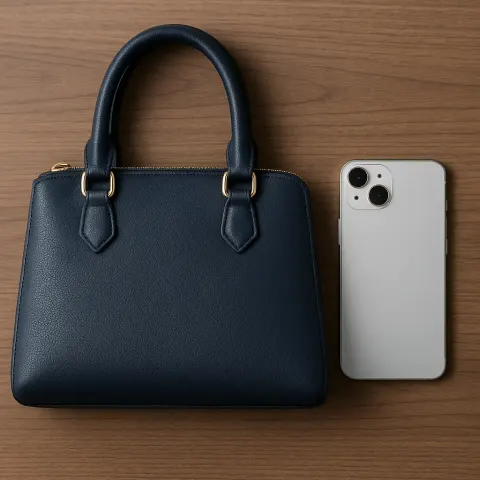 Showcasing a Silver Smartphone Alongside a Navy-colored Handbag