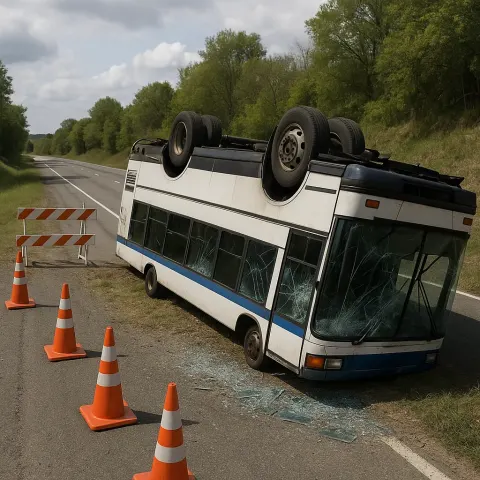 Overturned Bus Rests Along the Side of a Deserted Highway