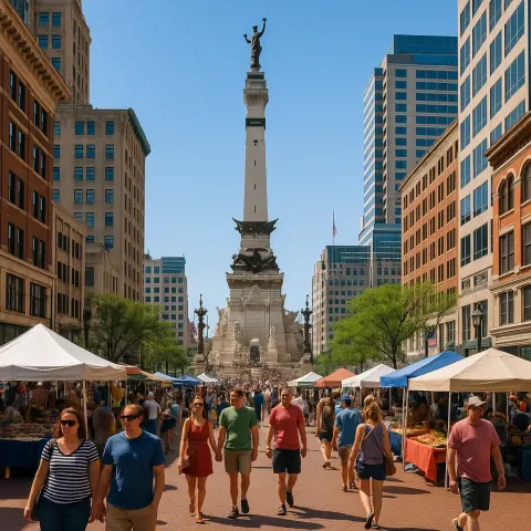 Bustling Street in Downtown Indianapolis with People