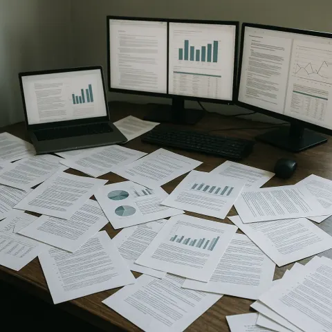 Desk Filled with Various Papers Strewn About
