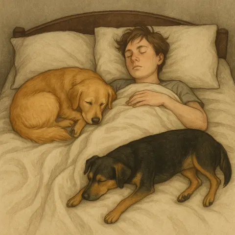 Person Sleeping in a Bed with Two Dogs