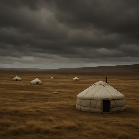 Several Nomadic Yurts Are Sparsely Scattered Across a Vast