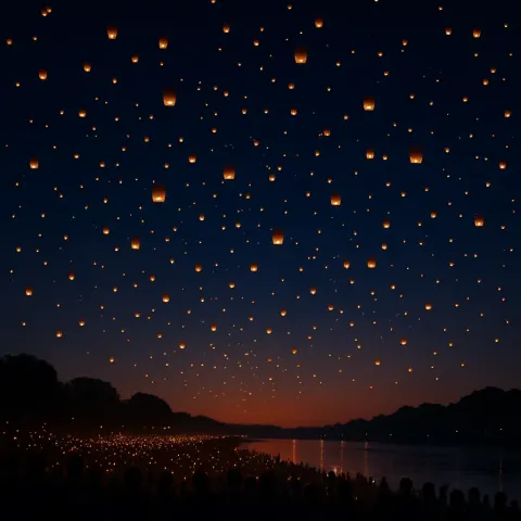 Myriad Tiny Lanterns Drift Upwards into a Deep Twilight Sky