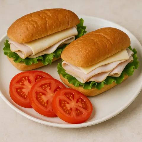 Dish Featuring Two Turkey Sandwiches Accompanied by Sliced Tomatoes