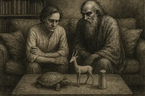 Contemplative Author in Simple Cotton Attire and an Imposing Sage