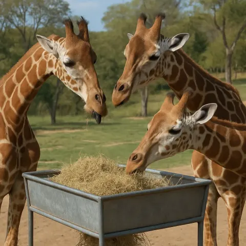 Three Giraffes Feeding from a Metal Trough Filled with Hay