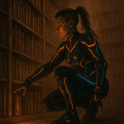 Elite Female Cyberpunk Athlete in Glowing Tech-wear Crouches