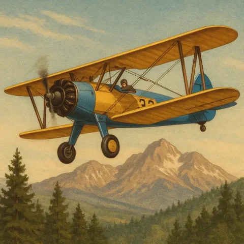 Vintage Biplane with Yellow Wings and a Blue Tail Flies