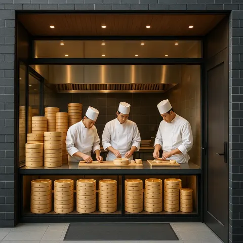 Modern Restaurant Entrance with Chefs Preparing Food Behind a Glass