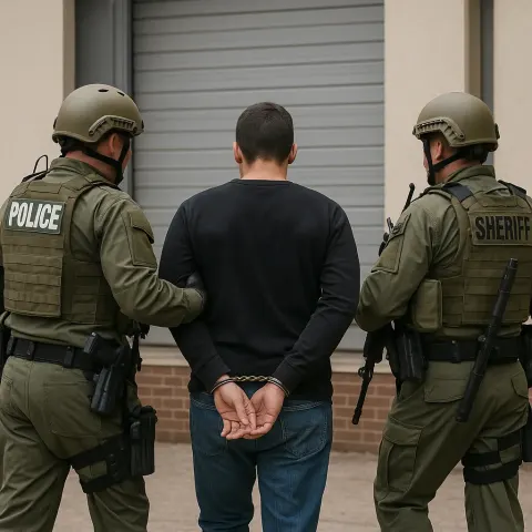 Handcuffed Individual Is Escorted by Law Enforcement Officers Wearing Tactical