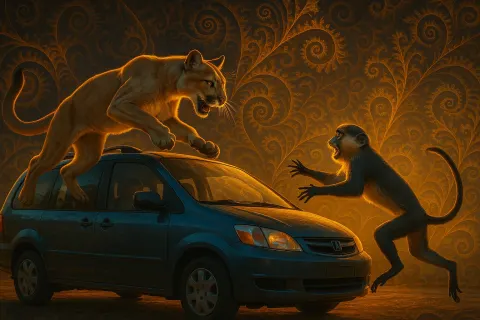 Cougar and Guenon Dynamically Engage a Minivan