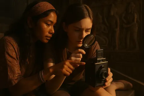 Teenager in Flats Intently Studies a Vintage Bakelite Camera's ASA