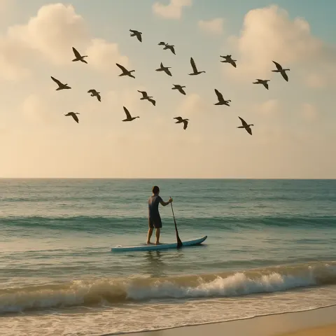 Person Paddleboarding near the Shore