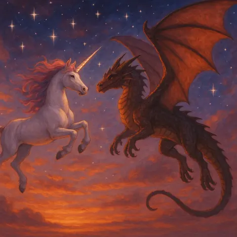 Dragon and a Unicorn Soaring Together Through a Sky